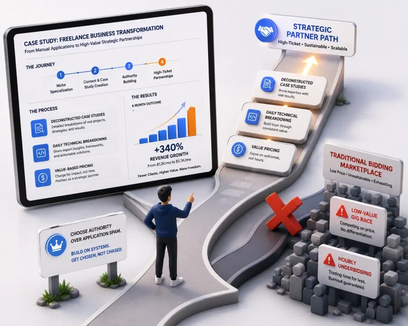 A split-screen mockup showing a short-form video thumbnail on one side and a written case study excerpt on the other, representing proof-of-work content formats