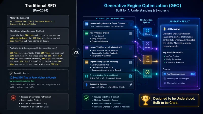 Side-by-side example showing a blog section with the answer buried in paragraph three versus the same section restructured with the answer in sentence one