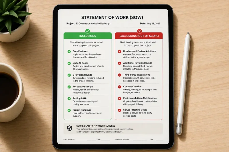 Contract document with the out-of-scope clause and hourly rate highlighted, pen resting on top