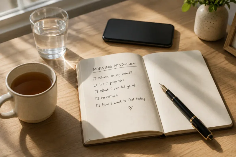 Notebook and pen on a desk beside a glass of water in natural morning light, phone visible but face-down and untouched