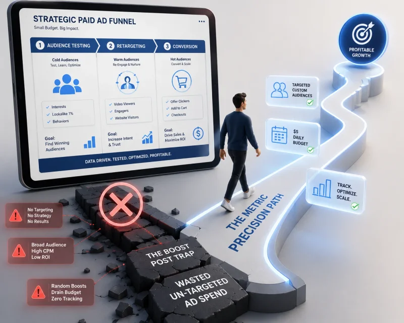 Diagram showing content flow from organic testing to paid ad amplification